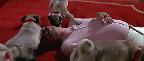 the great race - jack lemmon being licked to sleep by pugs