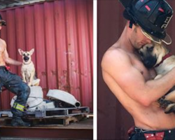 Hunky firefighter poses with rescue dog for calendar photoshoot, later adopts the dog