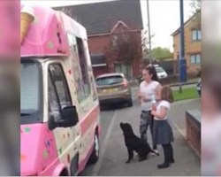 Dog waits in line for ice cream truck, watch the dog’s reaction when the driver gives him this