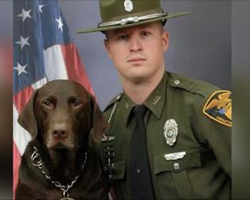 Police officer and dog pose for a professional photo, but these pictures prove that the dog had other plans