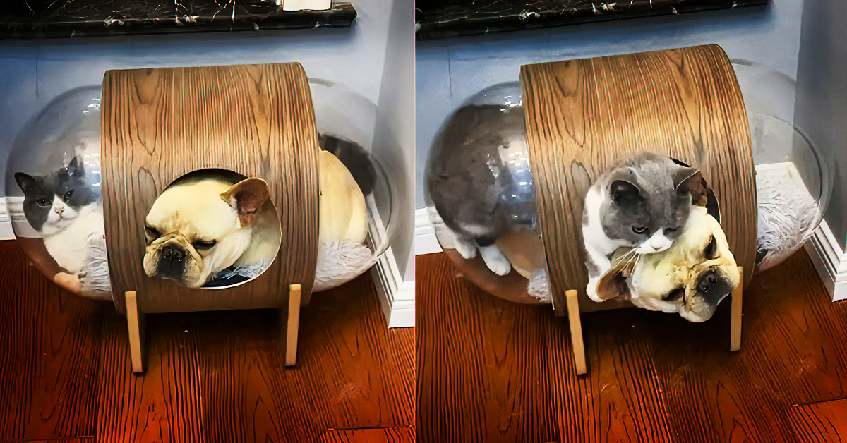 Funny Dog Climbs Into Cat’s House And Steals Her Bed