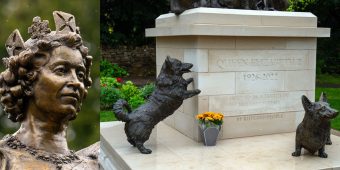 Newly-unveiled statue of Queen Elizabeth II includes her beloved pet Corgis